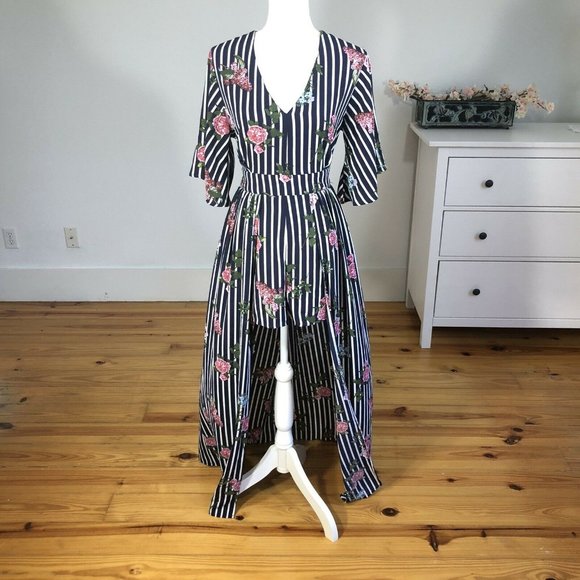 J for Justify Pants - J For Justify Navy Blue Striped Romper Maxi Shorts